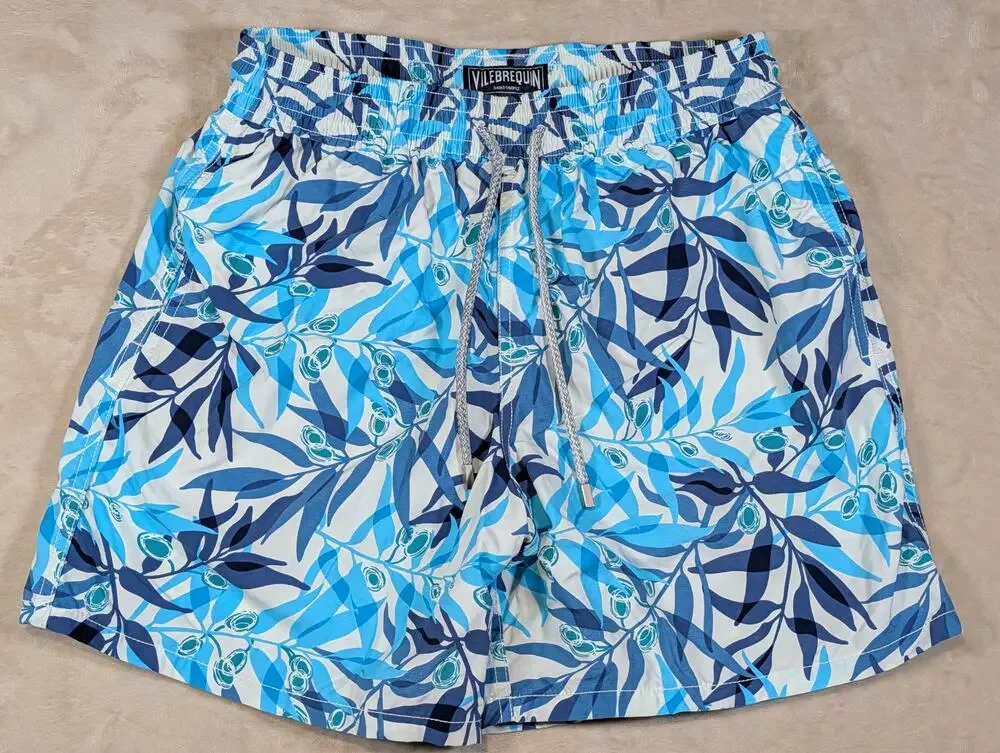 Vilebrequin Moorea Swim Trunks Large Blue White Olive Branch Leaf Print Mens